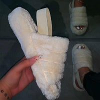 Women Fur Wedge Slippers with Ankle Elastic Band Open Toe Winter Slides Home Slipper Plush Slip-on Fluffy Warm Indoor Slippers Comfortable