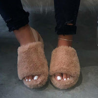 Women Fur Wedge Slippers with Ankle Elastic Band Open Toe Winter Slides Home Slipper Plush Slip-on Fluffy Warm Indoor Slippers Comfortable