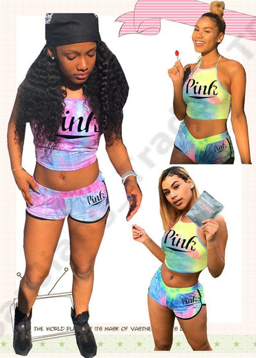 Women Pink Letter Summer Tracksuit Sleeveless T-shirt Vest Tops+Shorts 2pcs Set Sports Suit Sportswear Gradient Color Outfit A355