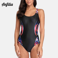 Anfilia Women's One Piece Sports Swimwear Athlete Sport Swimsuit Printed Bikini Race Back Beach Wear Bathing Suit