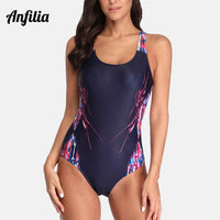 Anfilia Women's One Piece Sports Swimwear Athlete Sport Swimsuit Printed Bikini Race Back Beach Wear Bathing Suit