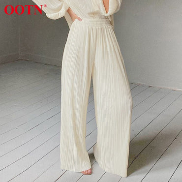 OOTN Khaki Pleated Wide Leg Pants Women Trousers Elegant Casual Palazzo Pants Elastic High Waist Ruched Oversized Pants Ladies
