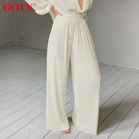 OOTN Khaki Pleated Wide Leg Pants Women Trousers Elegant Casual Palazzo Pants Elastic High Waist Ruched Oversized Pants Ladies