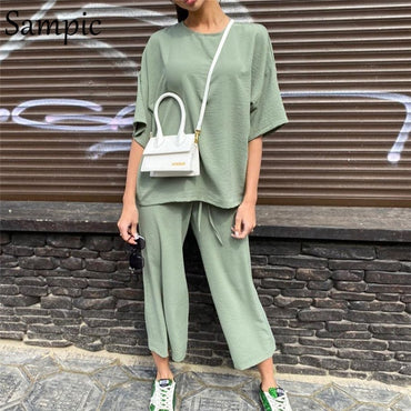 Sampic Sexy Fashion Khaki Women Summer Casual Two Piece Set Short Sleeve Tops Shirt And Loose Beach Pants Set Bottom Suit Outfit