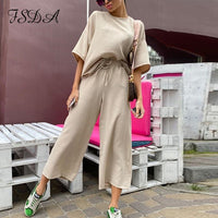 FSDA 2020 Summer Khaki Women Set Loose Short Sleeve Top Shirt And Long Pants Bottom Two Piece Seta Beach Home Casual Outfit Suit