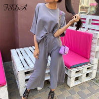 FSDA 2020 Summer Khaki Women Set Loose Short Sleeve Top Shirt And Long Pants Bottom Two Piece Seta Beach Home Casual Outfit Suit