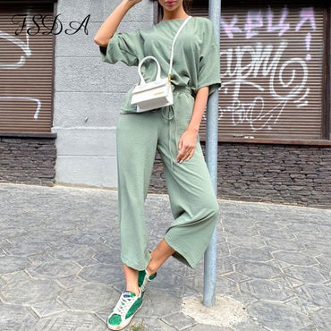 FSDA 2020 Summer Khaki Women Set Loose Short Sleeve Top Shirt And Long Pants Bottom Two Piece Seta Beach Home Casual Outfit Suit
