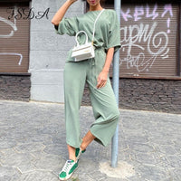 FSDA 2020 Summer Khaki Women Set Loose Short Sleeve Top Shirt And Long Pants Bottom Two Piece Seta Beach Home Casual Outfit Suit