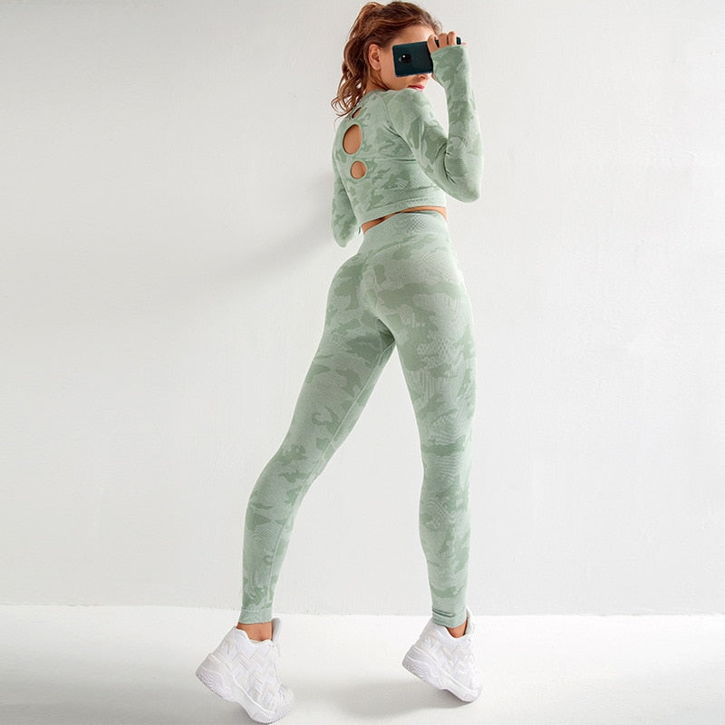 Women Seamless Push Up Sport set  Women's Sports Crop Top sport legging Wear Woman long sleeve Yoga Fitness Sexy Back Along Buy