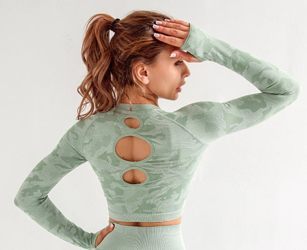 Women Seamless Push Up Sport set  Women's Sports Crop Top sport legging Wear Woman long sleeve Yoga Fitness Sexy Back Along Buy