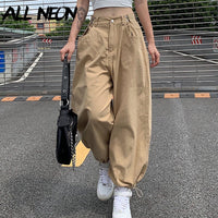 ALLNeon Y2K Fashion Khaki Oversized Cargo Pants Hip Hop Style Loosed Adjustable Waist Drawstring Long Pant Streetwear 90s Autumn