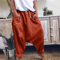 Women Harem Pants Trousers Boho Mid Waist Pants Women Solid Check Pants Baggy Wide Leg Casual Capris 2021