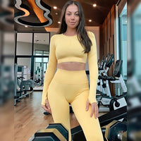 Yoga Set Women's Sportswear Seamless Gym Clothing Fitness Leggings+Cropped Shirts Sport Suit Long Sleeve Tracksuit Active Wear