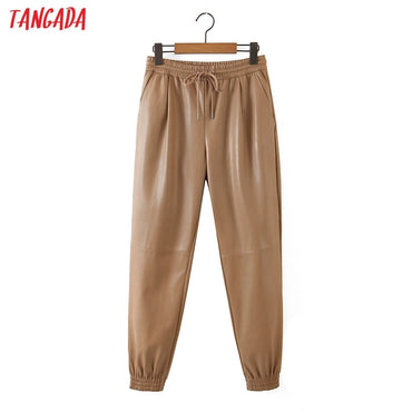 Tangada Women Khaki PU Leather Pants Stretch Waist Female Autumn Winter Harm Pants Trousers 8H30