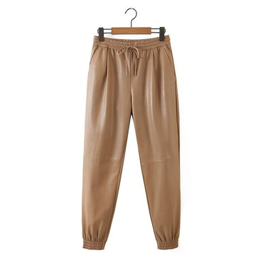 Tangada Women Khaki PU Leather Pants Stretch Waist Female Autumn Winter Harm Pants Trousers 8H30