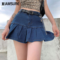 IAMSURE Preppy Style Casual Zipper Fly Safety Short Denim Skirt Summer Streetwear Ruffles High Waist Mini Jeans Skirt For Women