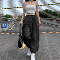 ALLNeon Y2K Fashion Khaki Oversized Cargo Pants Hip Hop Style Loosed Adjustable Waist Drawstring Long Pant Streetwear 90s Autumn
