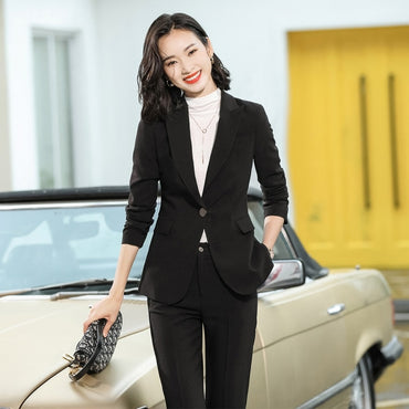 Beige Pink Khaki Apricot Coffee Black Blue S-5XL 2 Piece Set Women Pant Suit Office Lady OL Girl Jacket Blazer And Trousers