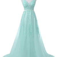 SSYFashion Hot Sell Sweet Light Blue Lace V-neck Lacing Long Evening Dress The Bride Party Sexy Backless Prom Dresses Custom