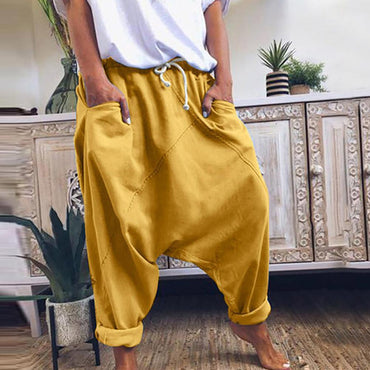 Women Casual Drawstring Pockets Drop Crotch Baggy Long Trousers Harem Pants