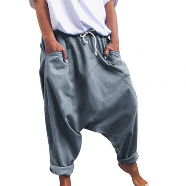 Women Casual Drawstring Pockets Drop Crotch Baggy Long Trousers Harem Pants