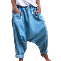 Women Casual Drawstring Pockets Drop Crotch Baggy Long Trousers Harem Pants
