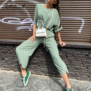 FSDA 2020 Summer Khaki Women Set Loose Short Sleeve Top Shirt And Long Pants Bottom Two Piece Seta Beach Home Casual Outfit Suit