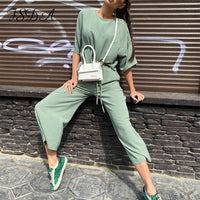 FSDA 2020 Summer Khaki Women Set Loose Short Sleeve Top Shirt And Long Pants Bottom Two Piece Seta Beach Home Casual Outfit Suit
