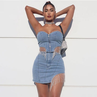 Denim Two Piece Set Women Suit Crop Tops And Jeans Skirt Set Fashion New Strapless Tassel Sexy Irregular Nightclub Denim Outfits