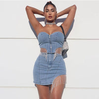 Denim Two Piece Set Women Suit Crop Tops And Jeans Skirt Set Fashion New Strapless Tassel Sexy Irregular Nightclub Denim Outfits