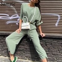 Sampic Sexy Fashion Khaki Women Summer Casual Two Piece Set Short Sleeve Tops Shirt And Loose Beach Pants Set Bottom Suit Outfit