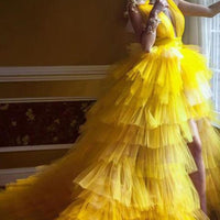 Smileven Princess Prom Gowns High Low Tiered Puff Tulle Long Evening Dress Deep V Neck Prom Party Dresses Custom Made