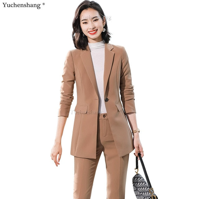 Beige Pink Khaki Apricot Coffee Black Blue S-5XL 2 Piece Set Women Pant Suit Office Lady OL Girl Jacket Blazer And Trousers