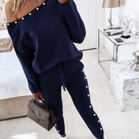 Spring Autumn Women's One Shoulder Beaded Top & Drawstring Pants Set Femme Casual Outfits Ladies Sport Wear 2021 New Popular