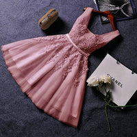 Elegant Pearl Pink Prom Dresses 2020 Sexy Prom Dress Short V Neck Appliques Beading Lace Up Knee-Length Graduation Party Gowns