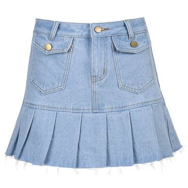 IAMSURE Preppy Style Casual Zipper Fly Safety Short Denim Skirt Summer Streetwear Ruffles High Waist Mini Jeans Skirt For Women