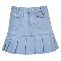IAMSURE Preppy Style Casual Zipper Fly Safety Short Denim Skirt Summer Streetwear Ruffles High Waist Mini Jeans Skirt For Women