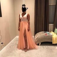 Beading Prom Dresses 2021 Plus Size Pink High Split Tulle Sweep Train Sleeveless Evening Gown A-line Lace Up Backless Vestido De