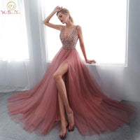 Beading Prom Dresses 2021 Plus Size Pink High Split Tulle Sweep Train Sleeveless Evening Gown A-line Lace Up Backless Vestido De