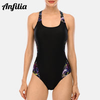 Anfilia Women's One Piece Sports Swimwear Athlete Sport Swimsuit Printed Bikini Race Back Beach Wear Bathing Suit