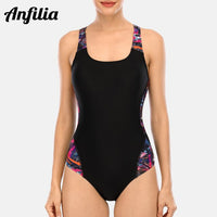Anfilia Women's One Piece Sports Swimwear Athlete Sport Swimsuit Printed Bikini Race Back Beach Wear Bathing Suit