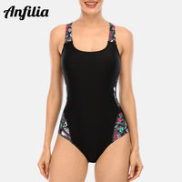 Anfilia Women's One Piece Sports Swimwear Athlete Sport Swimsuit Printed Bikini Race Back Beach Wear Bathing Suit