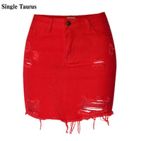 England High Waist Sexy Jeans Skirts Women Top Quality Cotton Irregular Hole Ripped Denim Skirts Mujer Red Tassel Short Saia