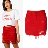 England High Waist Sexy Jeans Skirts Women Top Quality Cotton Irregular Hole Ripped Denim Skirts Mujer Red Tassel Short Saia
