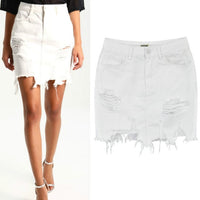 England High Waist Sexy Jeans Skirts Women Top Quality Cotton Irregular Hole Ripped Denim Skirts Mujer Red Tassel Short Saia