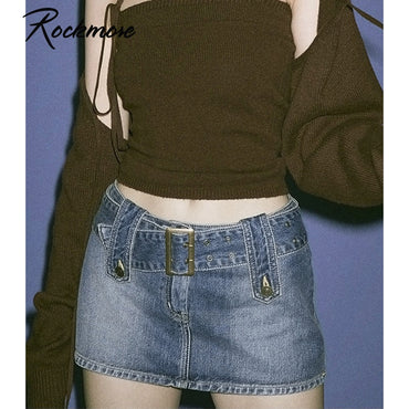 Rockmore Women'S Jeans Skirt Y2K Belt Mini Denim Skirt Korean Low Waist Straight Short Skirt Summer Harajuku Sexy Vintage 2021
