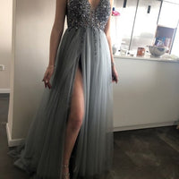 Beading Prom Dresses Long 2021 V Neck Light Gray High Split Tulle Sweep Train Sleeveless Evening Gown A-Line Backless Vestido De