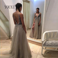 Beading Prom Dresses Long 2021 V Neck Light Gray High Split Tulle Sweep Train Sleeveless Evening Gown A-Line Backless Vestido De