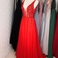 Beading Prom Dresses Long 2021 V Neck Light Gray High Split Tulle Sweep Train Sleeveless Evening Gown A-Line Backless Vestido De