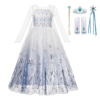 Autumn Winter Frozen 2 Elsa Princess Cosplay Snow Queen Dress Girl White Long Sleeve Mesh Prom Gown Kids Halloween Party Costume